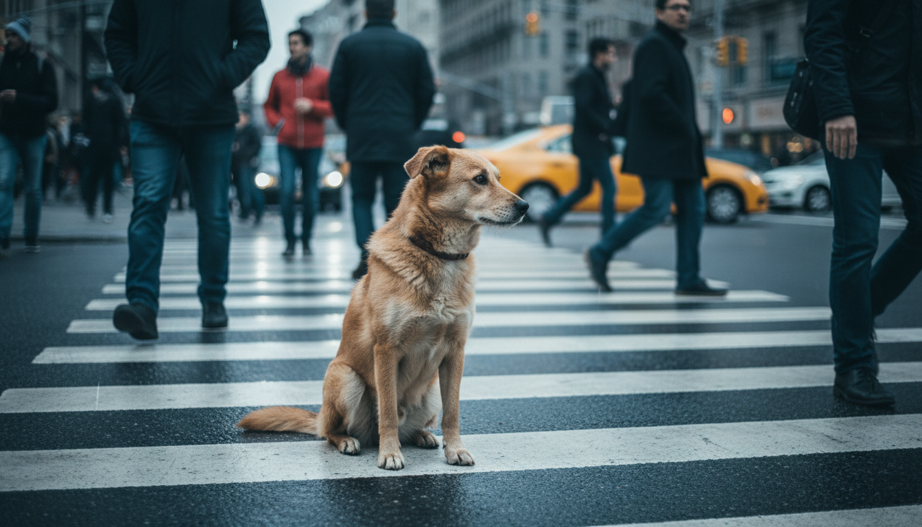 Perro sin hogar cruzando la calle con inteligencia, demostrando comportamiento adaptativo en la ciudad.