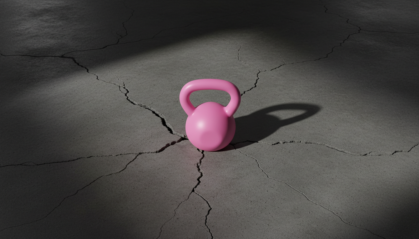 Pesa rusa rosa sobre suelo de cemento oscuro industrial con sombras dramáticas