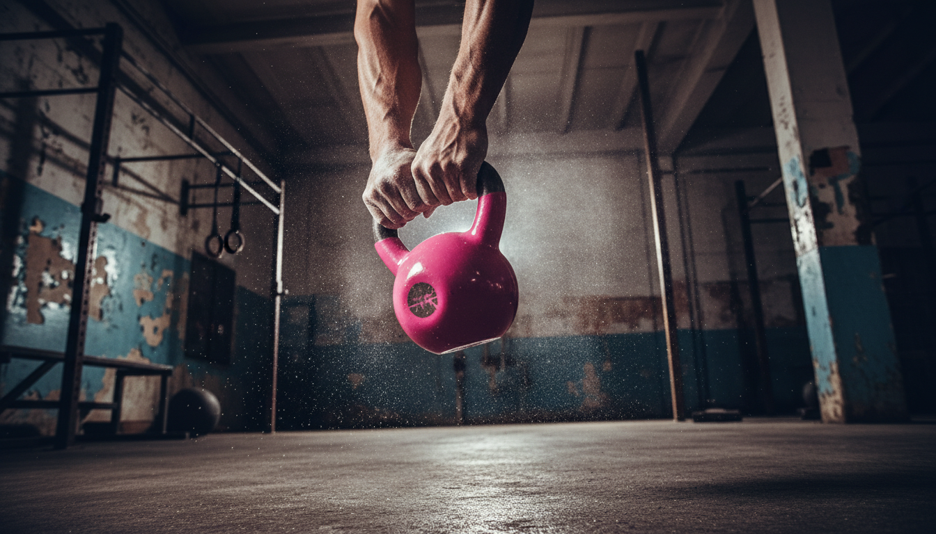 Manos llenas de magnesio realizando un swing con pesa rusa rosa en movimiento
