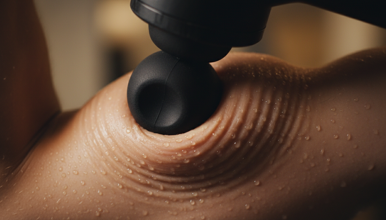 Cabezal de pistola de masaje percutiendo sobre músculo tenso con sudor.