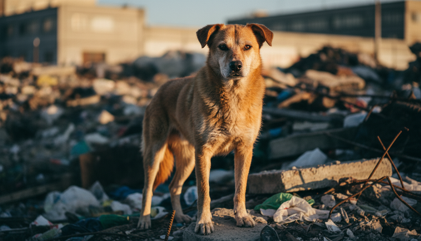 Perro callejero mestizo con mirada fuerte sobre escombros, mostrando resistencia y adaptación al entorno urbano.